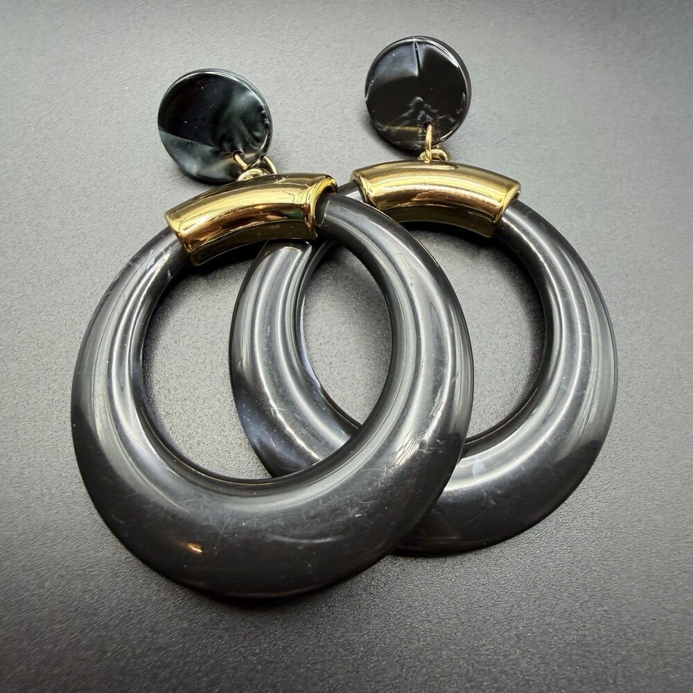 Vintage 80s Chunky Black Resin Hoop Drop Earrings Gold Tone Statement Runway Big